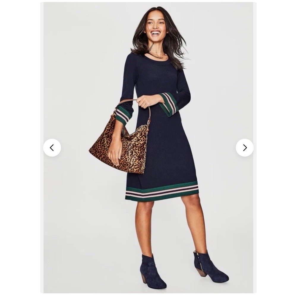 Boden Trudy Knitted Dress Midi Navy Wool Blend Sz 14 Stripe Cuff Hem Work Preppy
